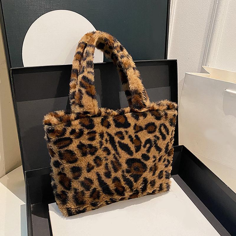 Yogodlns Geantă de mână de pluș cu imprimeu leopard, geantă tote moale și pufoasă, genți de umăr elegante pentru femei, uz zilnic, genți tote de pluș de iarnă