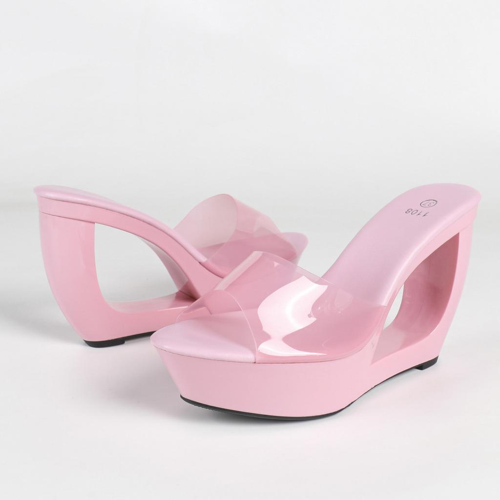 Women's Black Peep Toe Mule Sandals, Patent Leather High Heel Slip On Slippers, Platform Waterproof Backless Dress Party Shoes