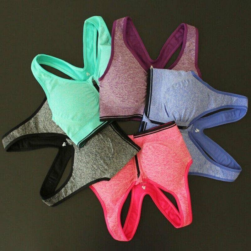 Womens Zip Front Wireless Padded Sports Bra Yoga Cami Push Up Support Top Vests