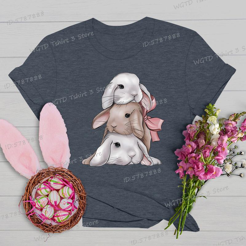 Easter Rabbit Shirts and Blouses Women Gift for Christian Crew Neck Short Sleeve Tshirt Cute Animal Bunny Easter Cartoon Tshirt