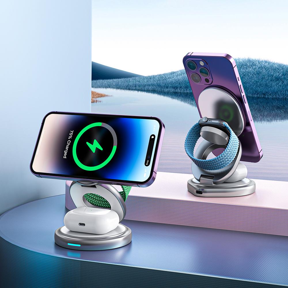 For iPhone 16 3-in-1 Magnetic Wireless Charger 360° Rotatable Zinc Alloy Stand