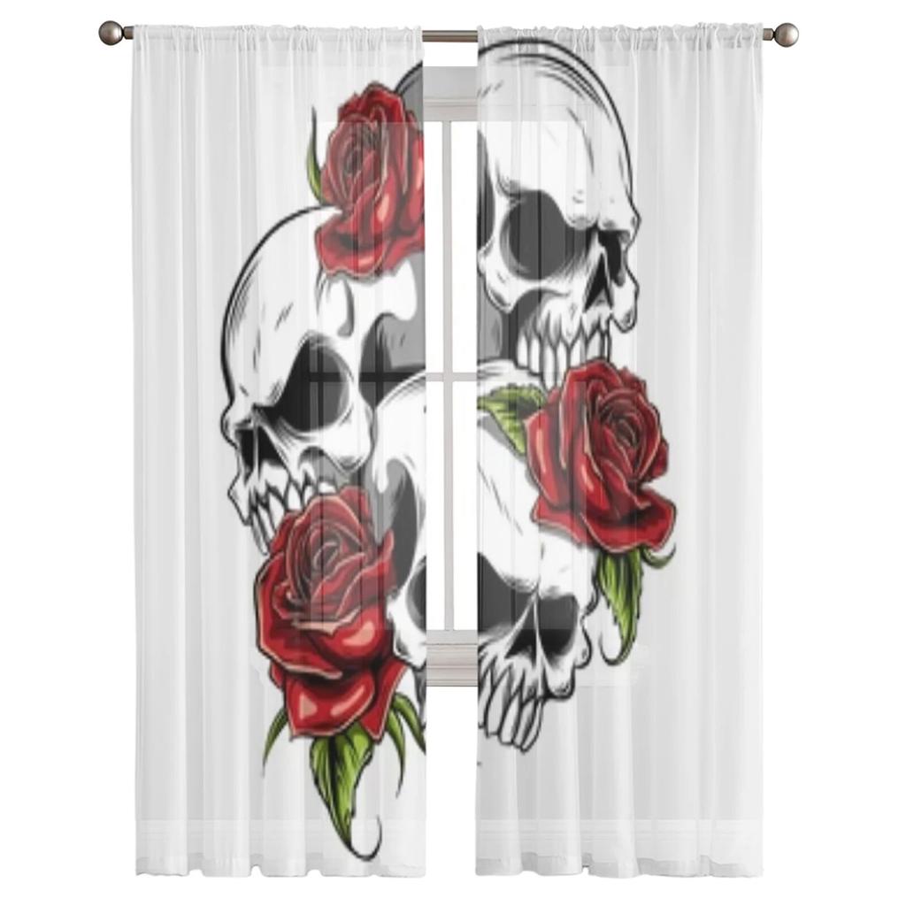 Skull With Roses Chiffon Sheer Curtains For Living Room Bedroom Decoration Window Tulle Curtains Drapes