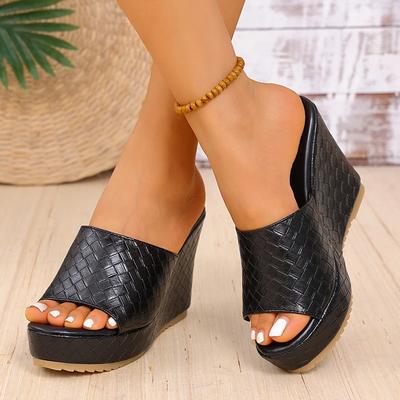 Mode Chunky Platå Kilklack Sandaler Kvinnor Sexiga Peep Toe Svarta Flätade PU-lädertofflor Kvinna Superhög Klack Halkskydd Sandaletter Dam