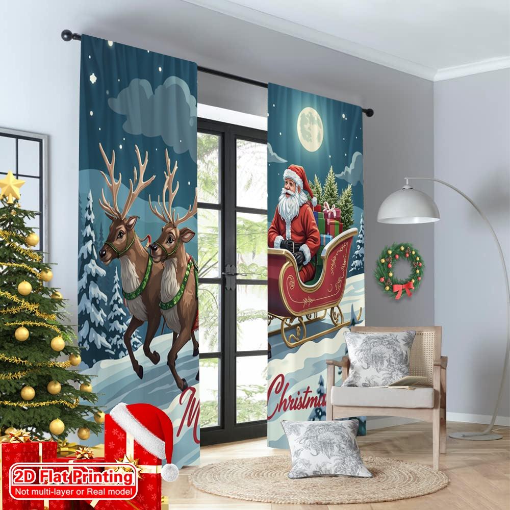 2pcs 2D Flat Printing Christmas Party Curtain Santa Claus Sleigh Reindeer Snow Christmas Fabric Without Electricity Birthday