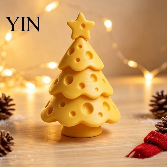 3D Printed Holiday Decor Cheese Christmas Tree Ornament, Creative Figurine with Small Gift for Her Star Topper, Cute Xmas Desktop Ornaments