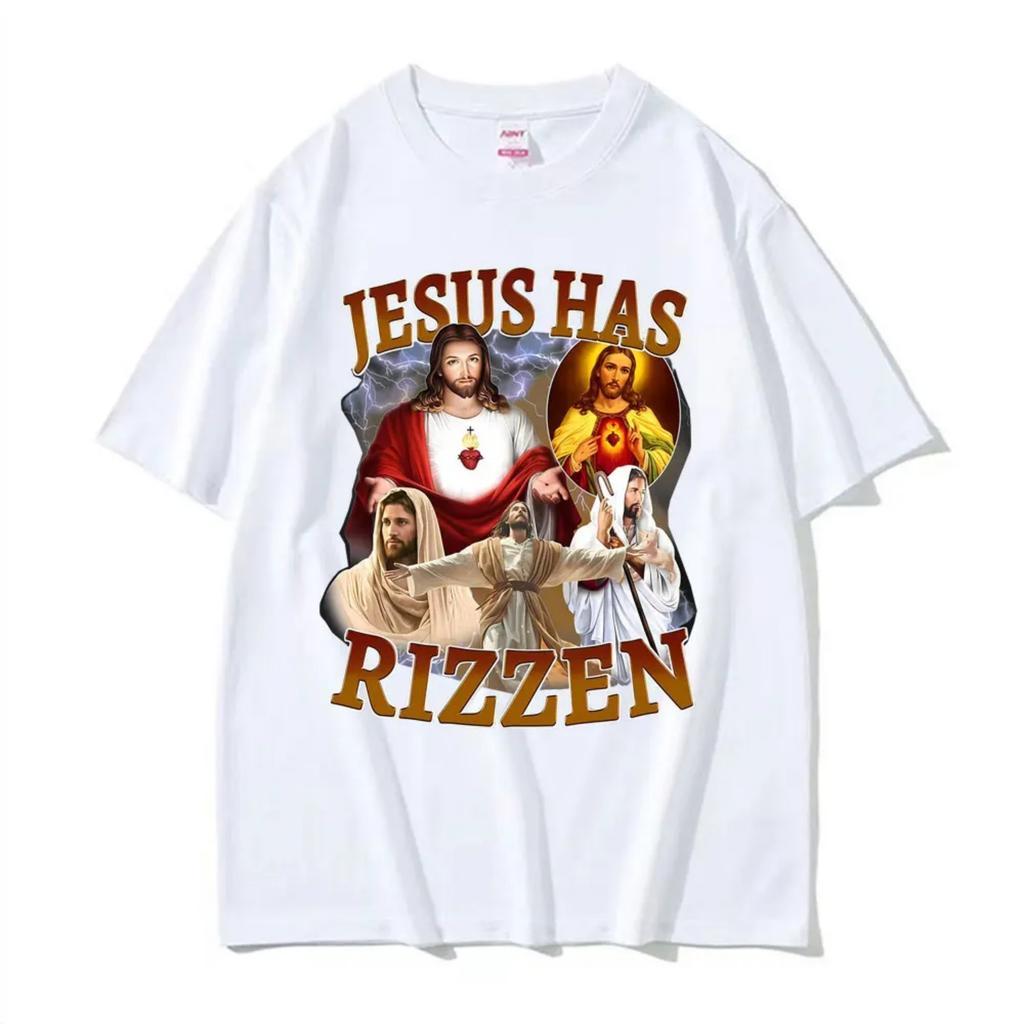 Funny Jesus Has Rizzen Jesus Cool Funny Graphic T-Shirt Men Women Comfort Oversized T-shirts Gothic Clothes Short Sleeve T Shirt