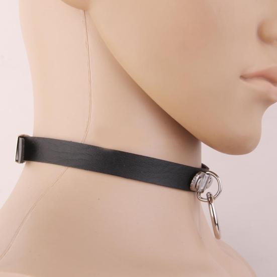 Unisex Circle Choker Gothic Faux Leather Collar Pendant Chain Neck Ring Necklace