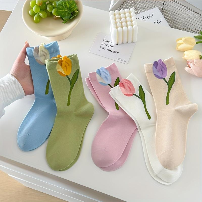5 Paires de Chaussettes pour Femmes Chaussettes Sans Couture Chaussettes à Motif Tulipes Tridimensionnelles pour Femmes Fleurs Végétales Chaussettes en Coton Peigné pour Femmes Bas Doux Quatre Saisons