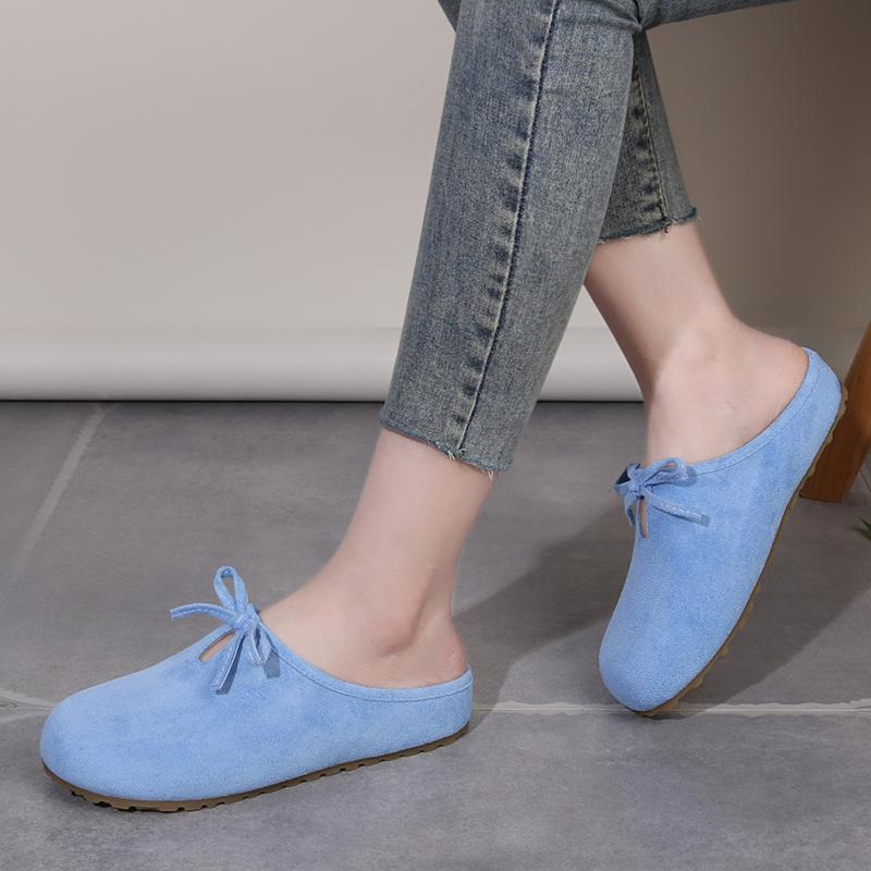 Fashion Women's Fashion Baotou Slippers Summer New Round Head Suede Butterfly Knot Soft Sole Anti-slip Wear-resistant Flat Shoes