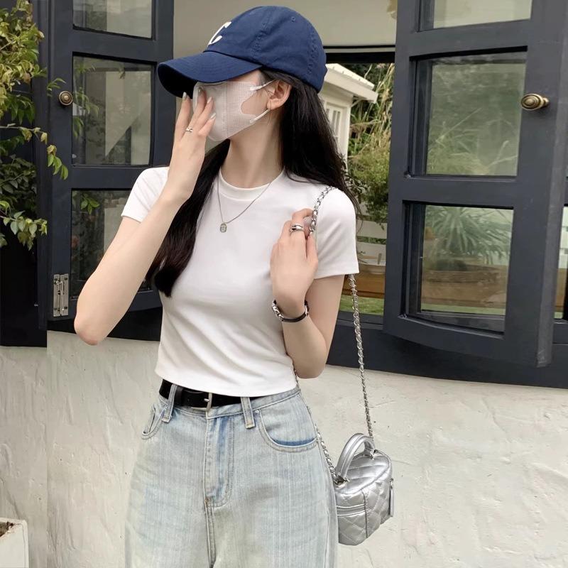 Shirt Women's Summer Short Sleeve High Waist Slim Skinny Solid Color Shoulder Short Sleeve Top Bottom Shirt