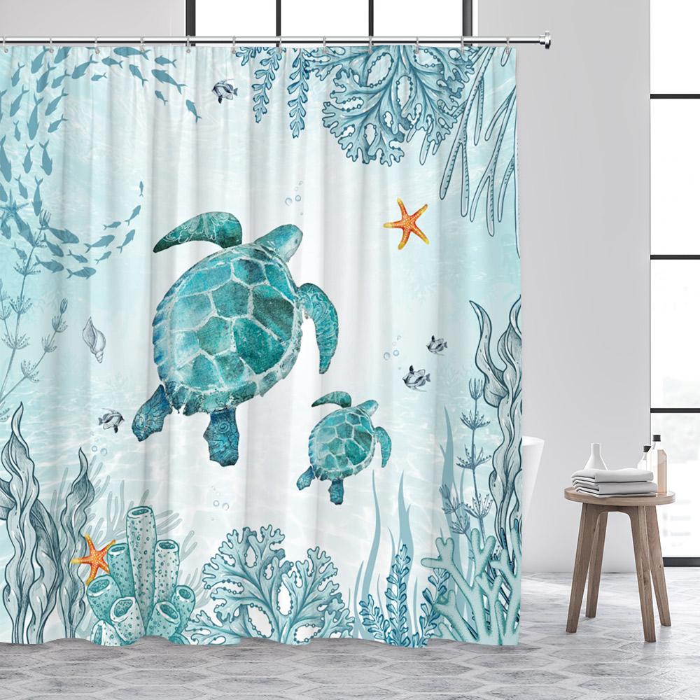 Ocean Sea Turtle Shower Curtain Seahorse Starfish Seagrass Fish Animals Underwater Scenery Fabric Bathroom Curtains Decor Set