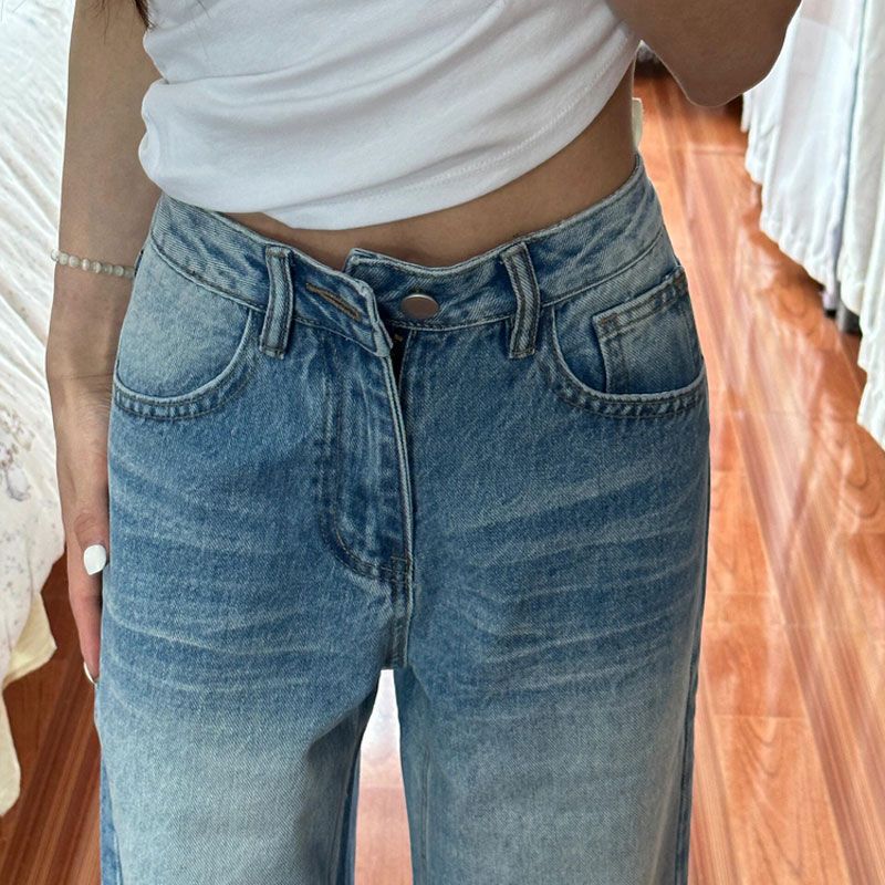 Comfortable Nostalgia Large Size Washed Crease Wide Leg Jeans Women High-waisted Loose Straight Milled White Trailing Floor Trousers Long Denim Pants