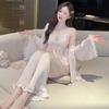 High-End Butterfly Ice Silk Pajama Set - Long Sleeve, Camisole, Long Pants, Four-Piece Luxury Homewear for Spring/Summer