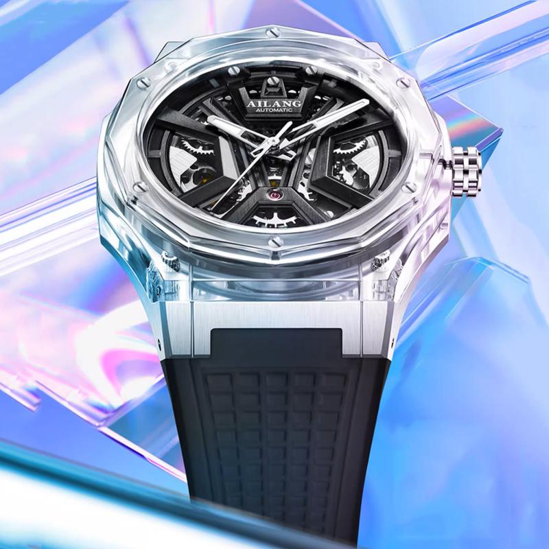 AILANG Automatic Mechanical Watches Mens Luxury Brand Fashion Sports Waterproof Transparent Case Wristwatch Men New