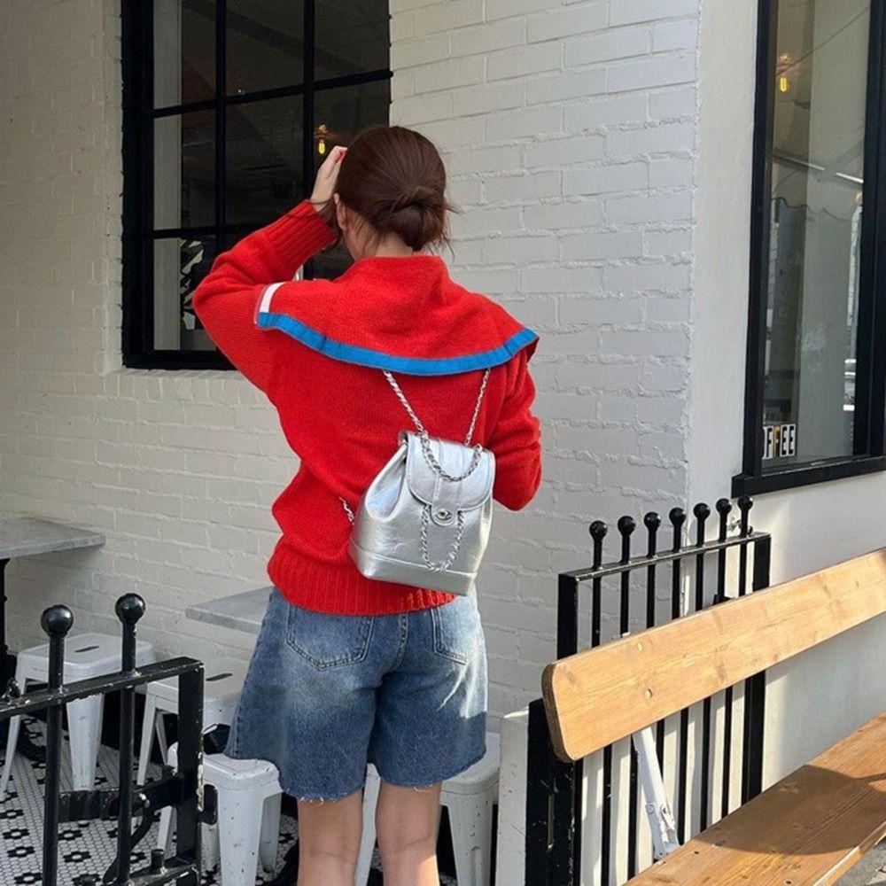 Women Rucksack Leather Oil Wax Shoulder Bag Chains Backpack Autumn Winter