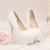 2025 new white heel waterproof table single shoes stiletto women's shoes lace flower pearl knot bridal shoes