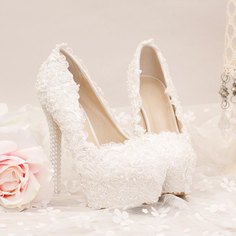 2025 new white heel waterproof table single shoes stiletto women's shoes lace flower pearl knot bridal shoes