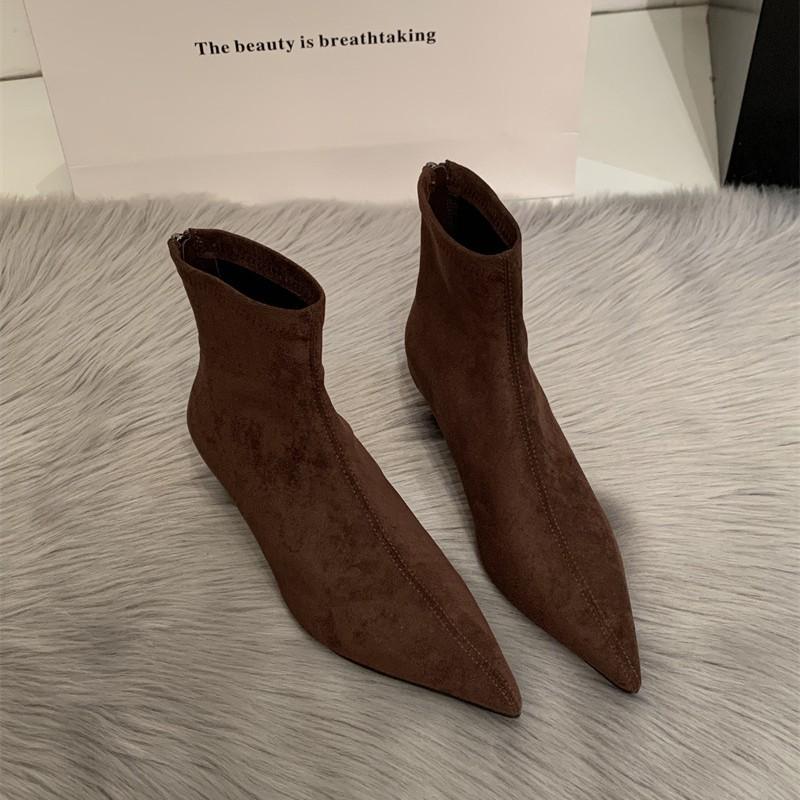 2025 Autumn and Winter Pointed Thin Heel Sexy Short Boots Women's Black Suede High Heel Socks Bare Boots Internet Celebrity Elastic Thin Boots