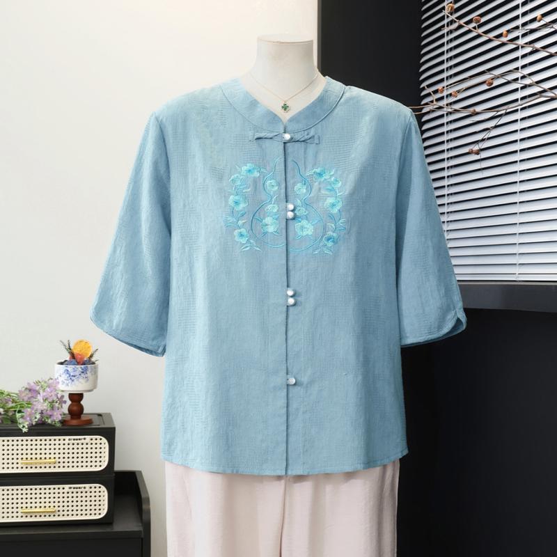 Yu Zhaolin New Chinese Style Embroidered Summer Shirt for Senior Women 4XL