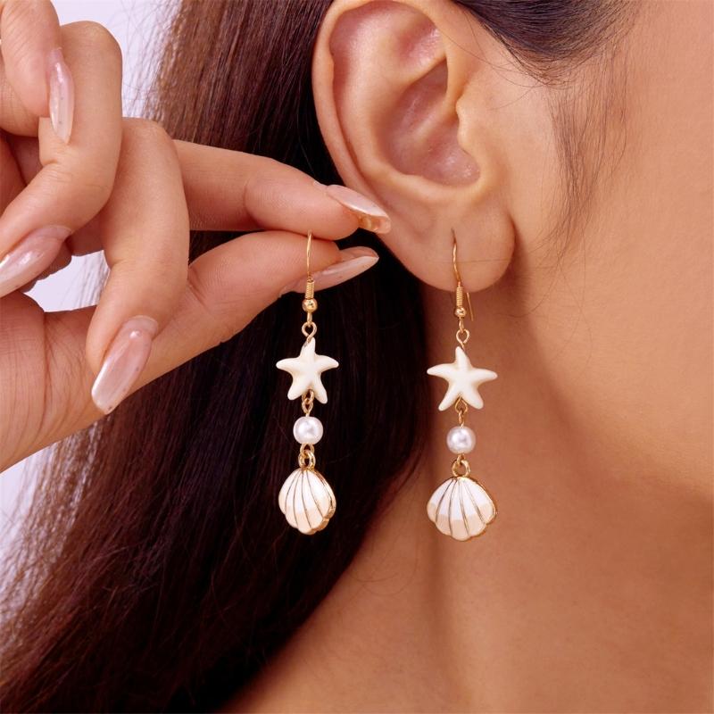 Trendy Oceanics Inspire Earrings Seashells Designs Drop Ear Hook Accessory for Sensitive Skin Casual To Party Wear