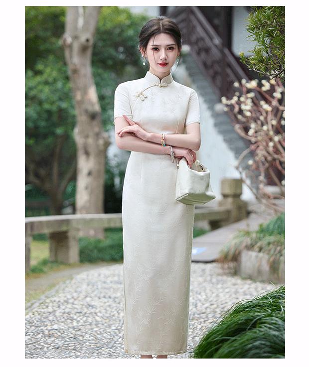 New Chinese cheongsam jacquard short-sleeved dress women's national style temperament long dress apricot waist hip skirt