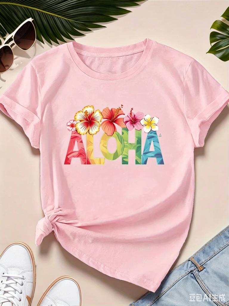 Aloha With Tropical Flowers Unisexs Sports Short Sleeve Tshirt Summer Short Sleeved Harajuku Streetwear Tops Aesthetic Clothes