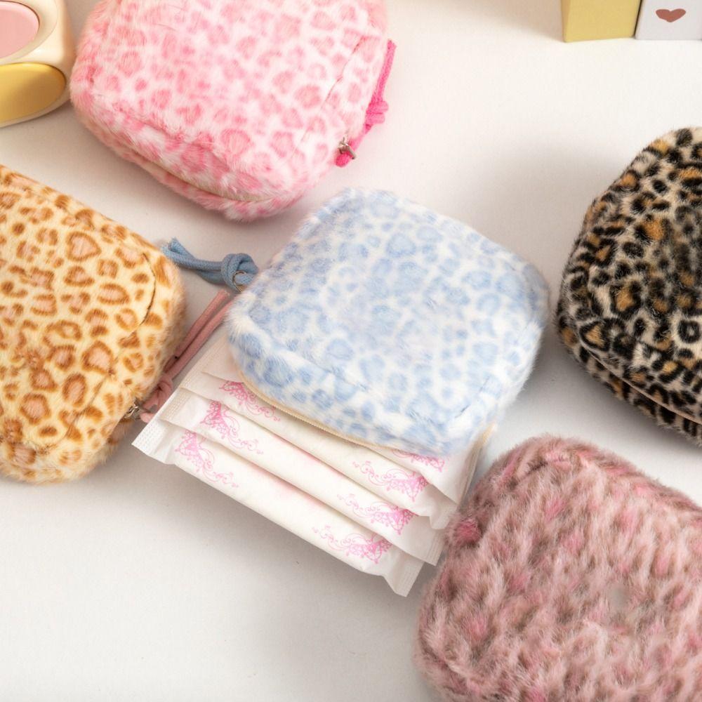 Portable Cosmetic Bag Leopard Print Square Sanitary Pad Bag Zipper Design Small Makeup Bag Girls