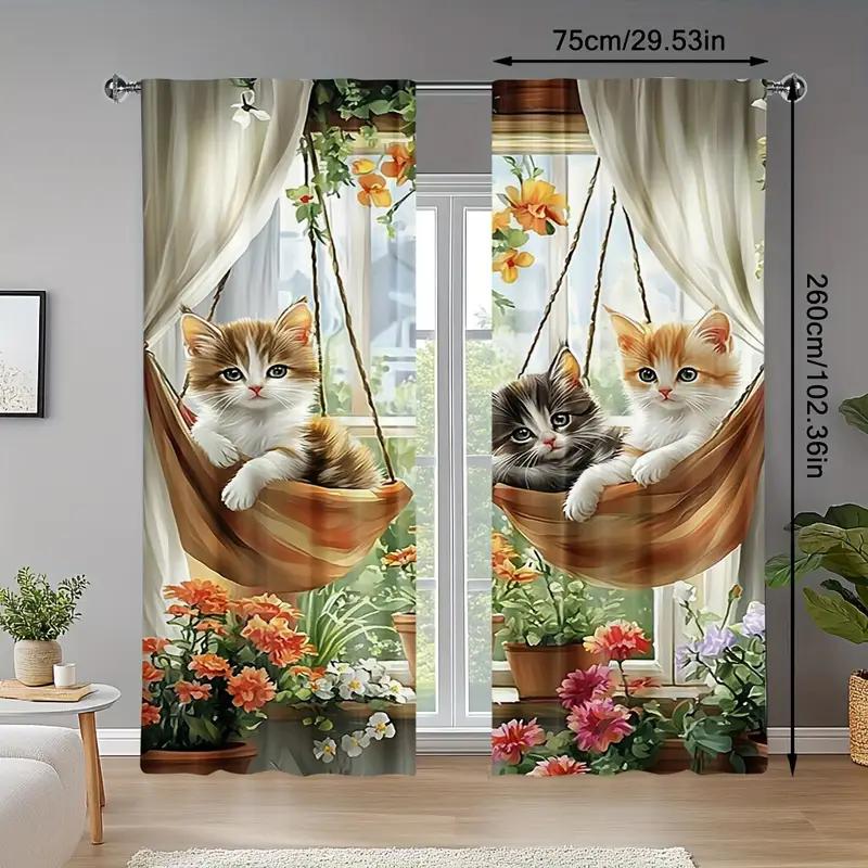 2PCS- Charming Cat and Flower Print Curtains, Pole Bag Curtains, Bedroom and Living Room, Home Decoration, Room Decoration