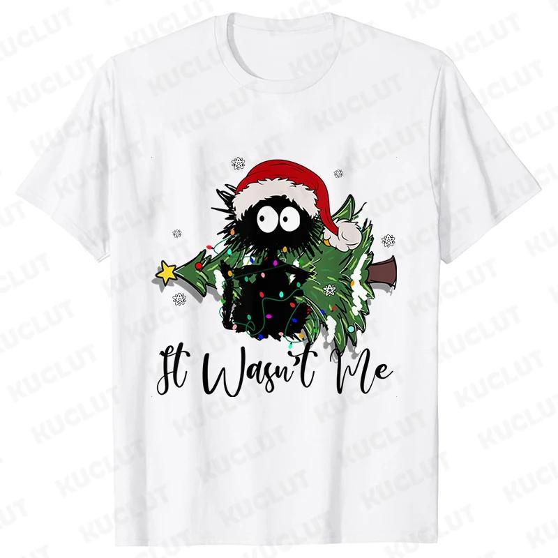 It Wasn's Me Christmas Cat Men T-shirt Christmas Tree Casual Fashion Xmas Aesthetic Short Sleeve Tees