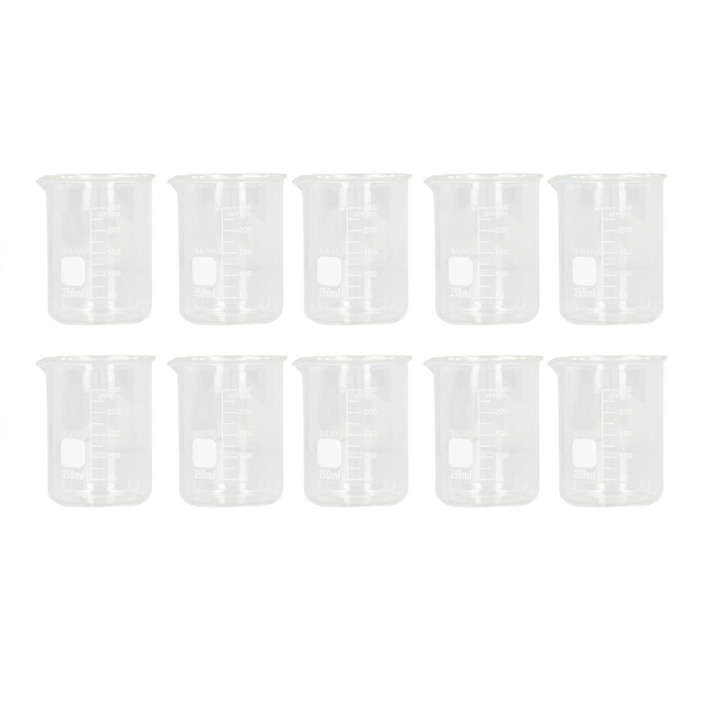 10Pcs Scientific Beaker Glass 250ml Large Capacity Clear Scale Tool Set Kit for Experiment