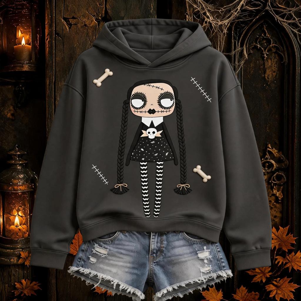 Women's Halloween Gothic Print Hooded Pullover Long Sleeve Sweatshirt