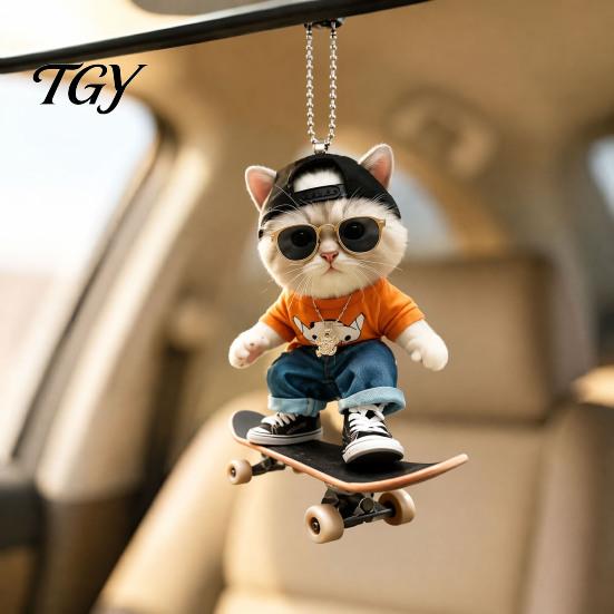 Street Fashion Car Pendant Skateboard Cat Hanging Ornament, 2D Flat Acrylic Rearview Office Workstation Ornament Mirror Decor, Trendy Skate