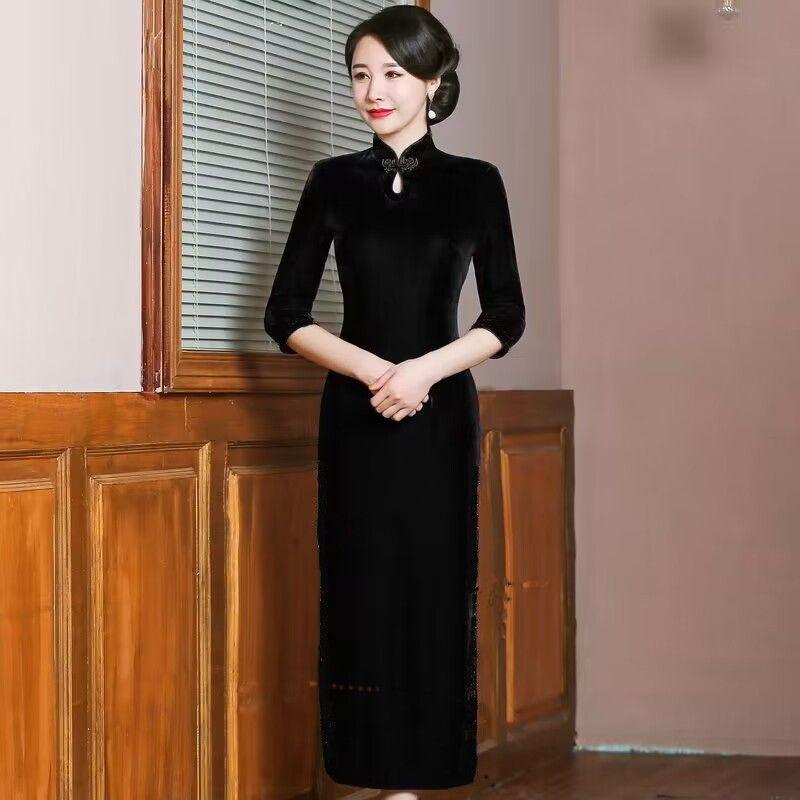Gold Velvet Cheongsam New Improved Spring Autumn Temperament Wedding Banquet Dress