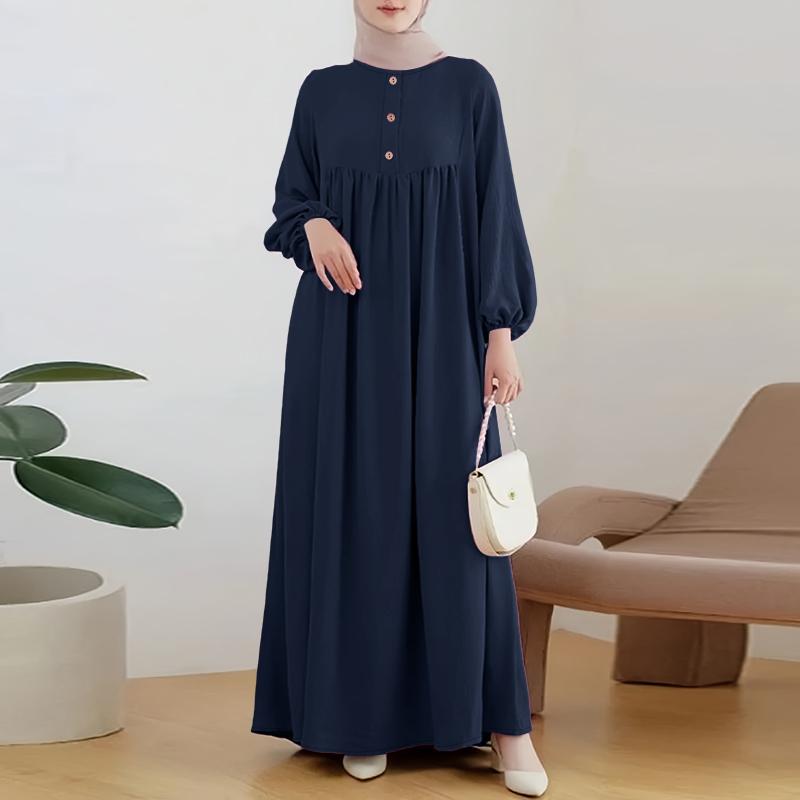 ZANZEA Women Casual Round Neck Solid Color Loose Long Sleeve Dress