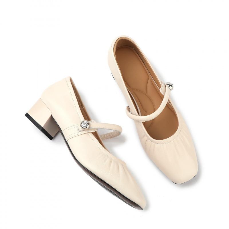 

2025 new spring mid-heel square head fairy style Mary Jane cheongsam leather shoes soft sole 34 грязно-белый