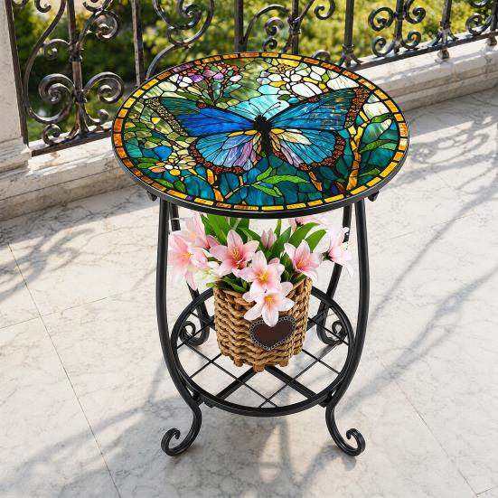 Huaqianguhh Outdoor Side Table, Round Small Mosaic Bird Butterfly Patio Accent, Indoor End Plant Coffee Tea Table for Yard Porch Garden Living