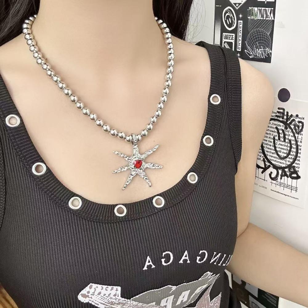 New Punk Sliver Color Liquid Metal Marine Life Irregular Starfish Red Heart-shaped Rhinestone Pendant Necklace for Women Jewelry