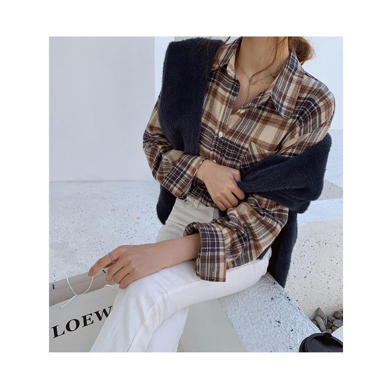 Women's Korean Dongdaemun Plaid Shirt - Long Sleeve, Versatile, Hong Kong Style Design for 2025 Spring & Autumn