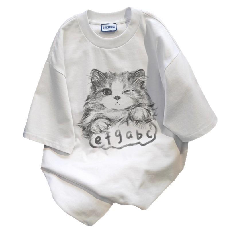 Cotton Niche Design Cat Print Summer Short-sleeved T-shirt Women's Loose Round Neck Trendy Couple American Top