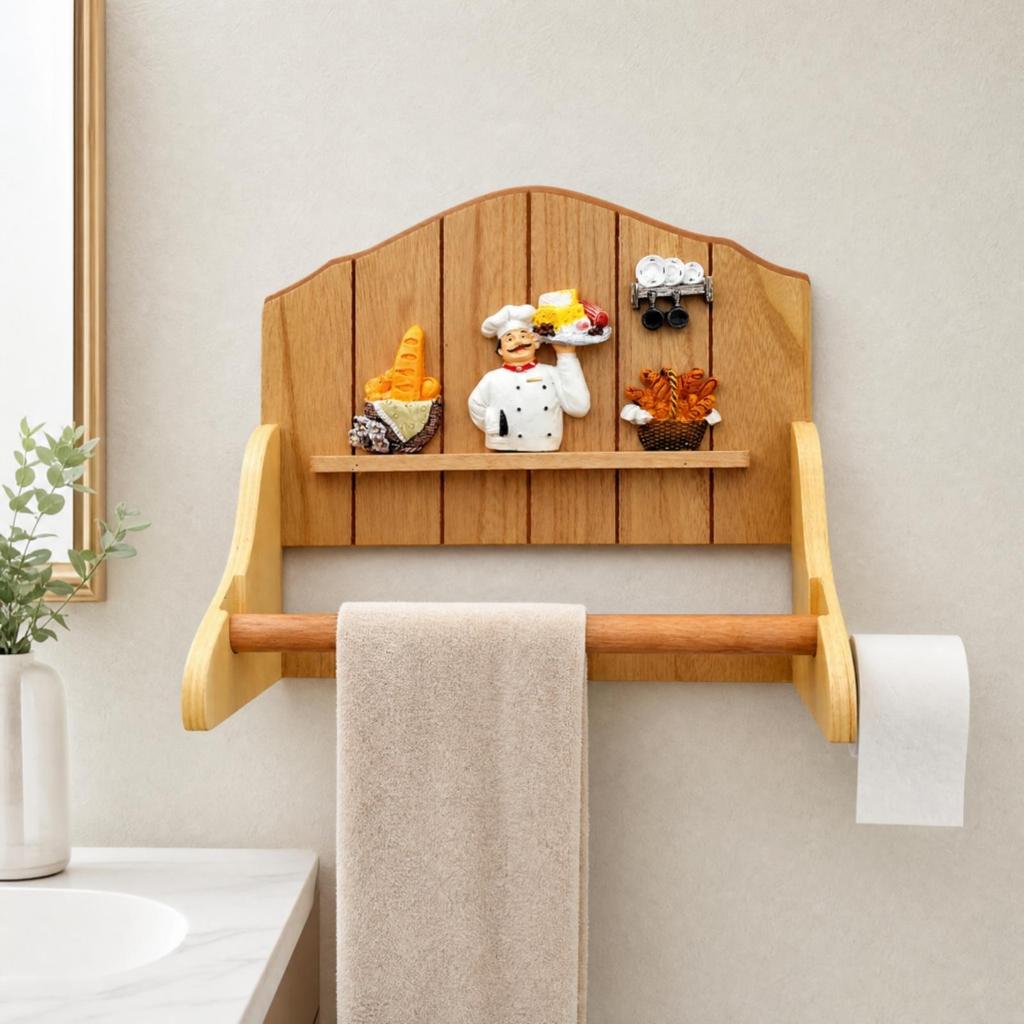 Wooden Washroom Storage Rack Screwless Wall Shelf with Towel Bar
