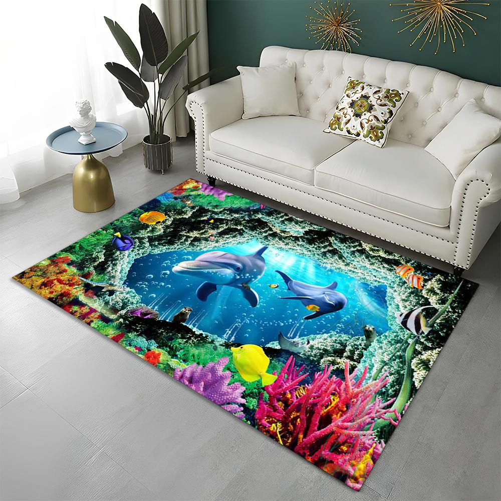 3D Seabed Illusion Underwater World Carpet Rug for Home Living Room Bedroom Sofa Doormat Decor,kids Area Rug Non-slip Floor Mat