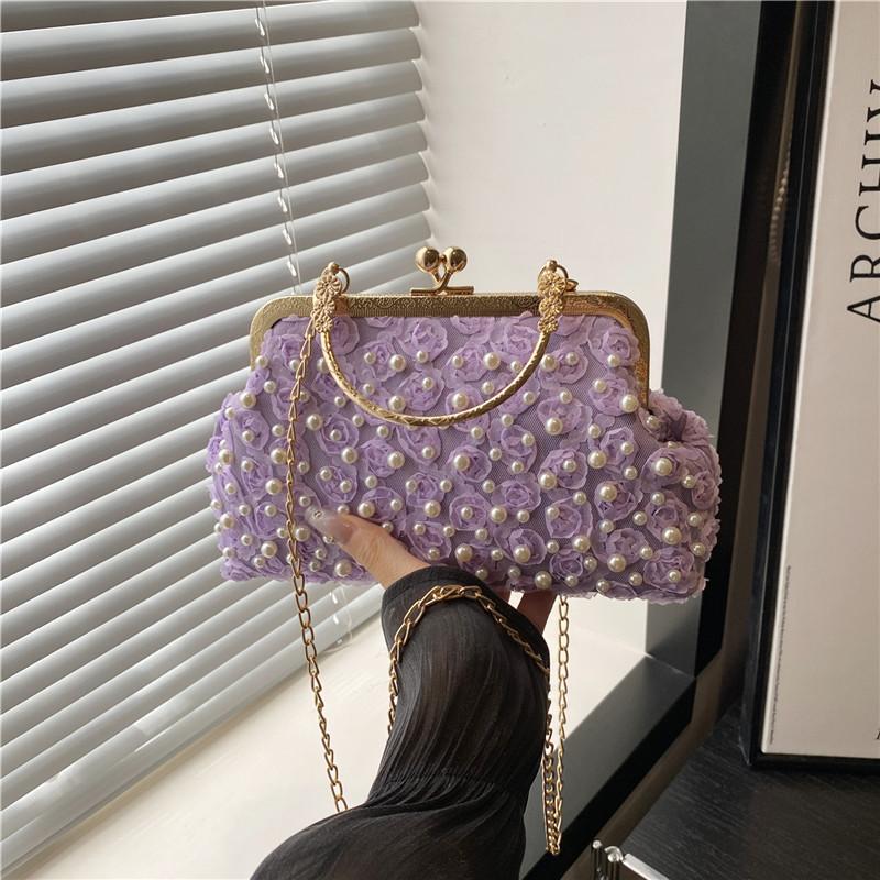 

Жемчужное кружево цветок клип сумка женская летняя милый ветер плетеная сумка-ракушка сумка-мессенджер на цепочке фиолетовый