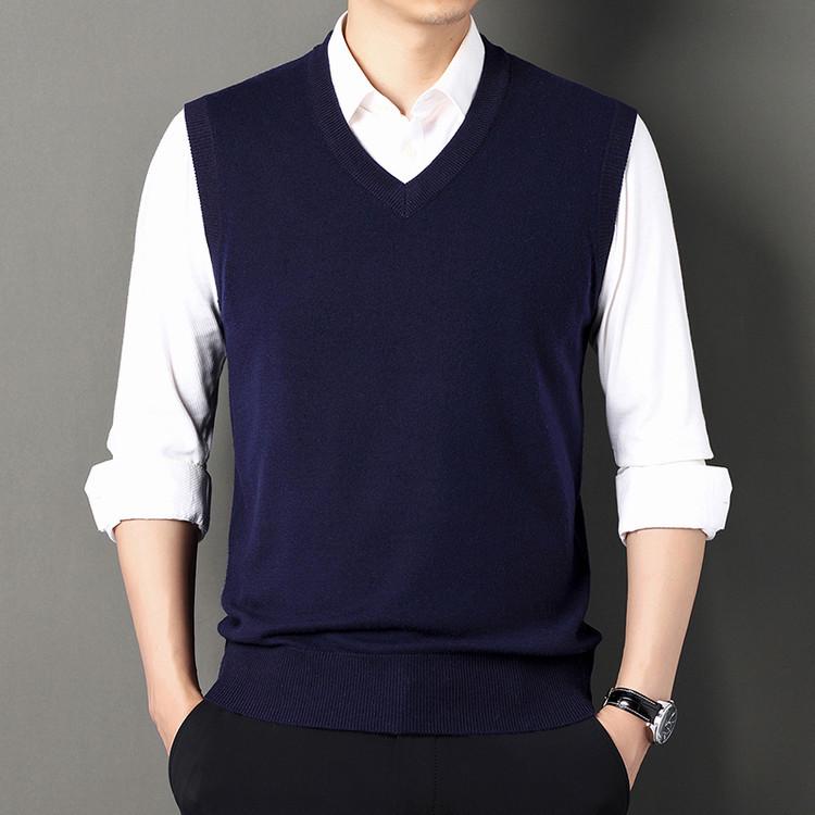 Men's Wool V-Neck Sleeveless Sweater - Solid Color Business Casual Knitwear for Spring and Autumn
