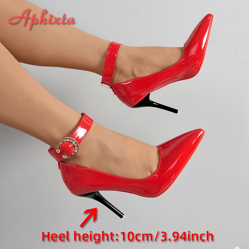 Móda Aphixta Kovová spona na opasek Pásek Pimp Červená Černá 10cm Jehlové podpatky Lodičky Dámské párty boty Nýty Špičatá špička Velikost 51 52 53
