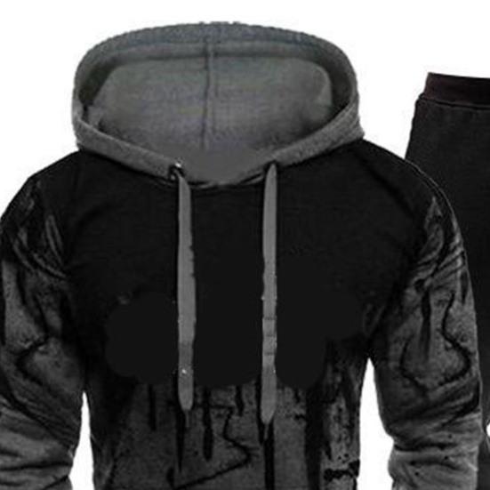 2 Pcs/set Men Hoodie Suit Splash-ink Print Drawstring Casual Sweat Absorption Long Sleeve Men Tracksuits for Daily Wear