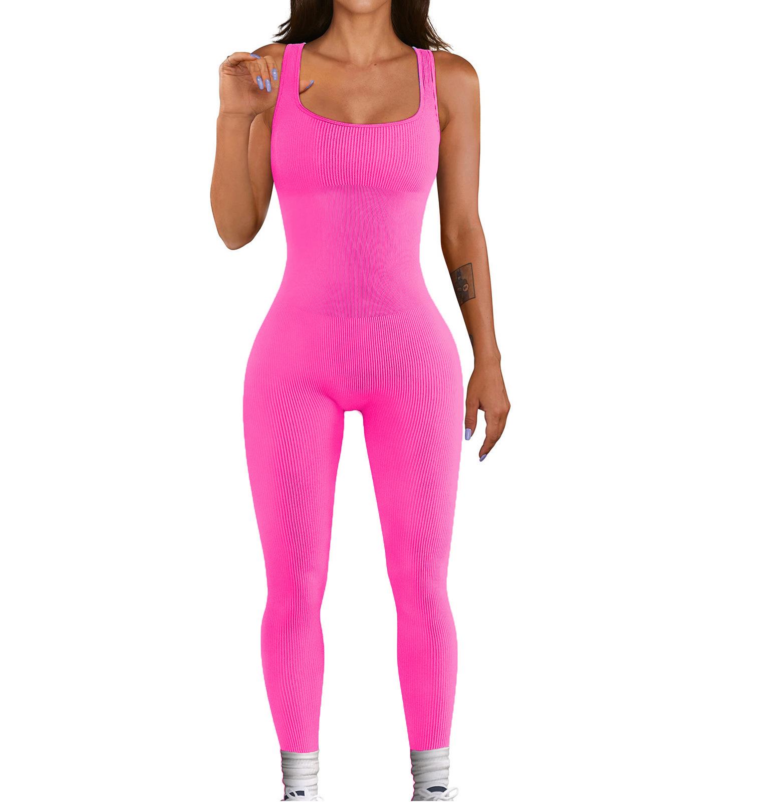 Spring Summer Ribbed Square Neck Butt-Lifting Slim Yoga Jumpsuit for Women 2XL