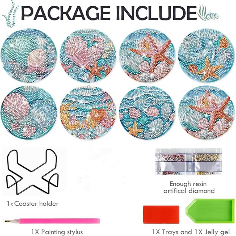 8 Pieces/set of Diamond Painted Ocean Patterned Coasters, DIY Coasters with Holder, Suitable for Beginners and Adults, Art and Craft Supplies Gifts
