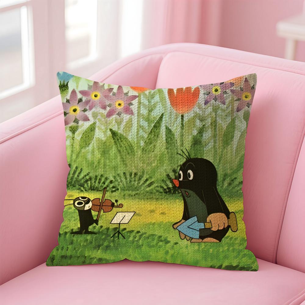 TThe LittleE Mole Cartoon Cushion Cover Natural Linen Pillow Case DoubleSided Print Decorative Sofa Pillowcase Home Decor Gift