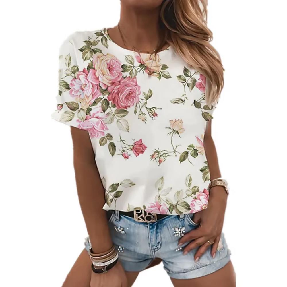 Fashion art floral pattern T-shirt for ladies, summer casual printed outfit