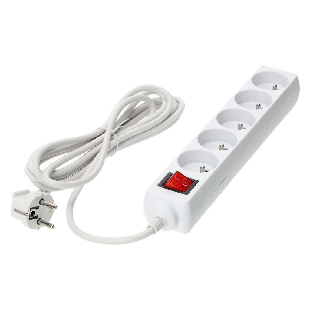 5-socket extension cord with grounding and switch, 3 , white